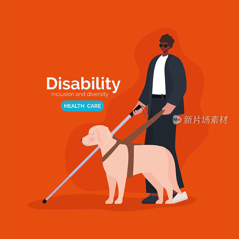 disability blind man cartoon with cane and dog vector design